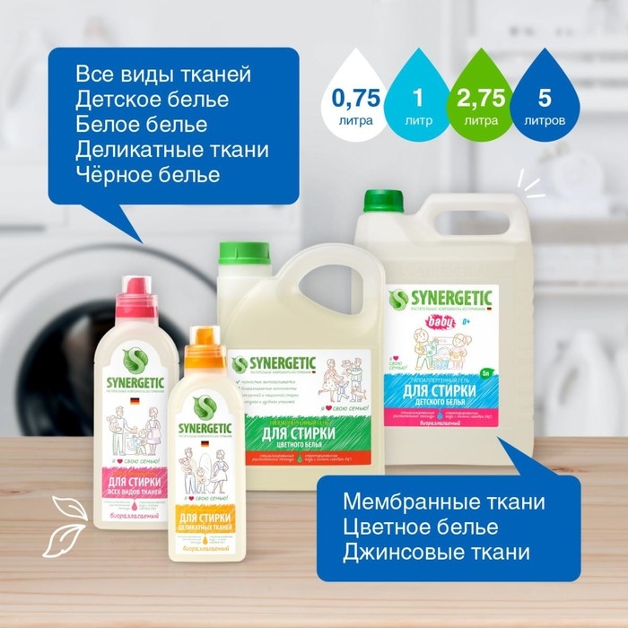 Жидкое средство для стирки Synergetic, гель, для джинсовых тканей, гипоаллергенное, 750 мл Жидкое средство для стирки Synergetic, гель, для джинсовых тканей, гипоаллергенное, 750 мл