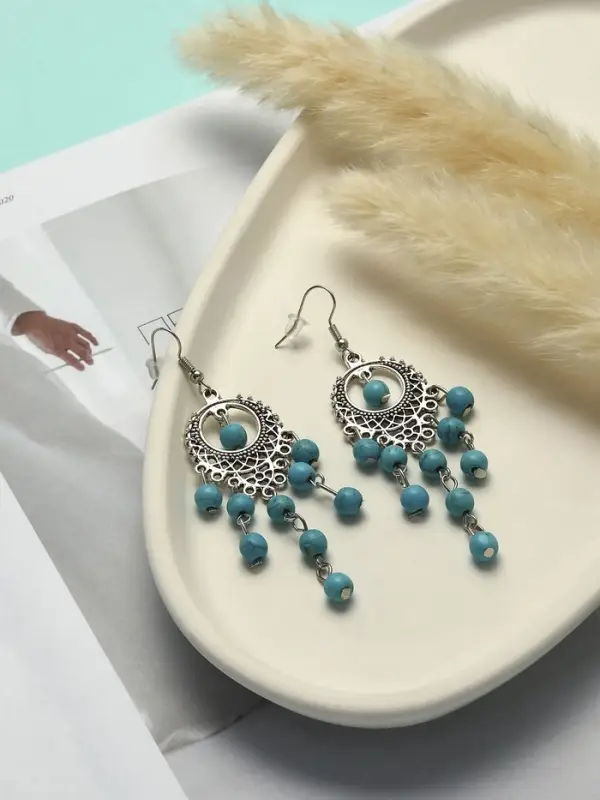 Серьги &laquo;Бирюзовый мир&raquo;, круг и 5 дорожек бусинок, голубые в чернёном серебре