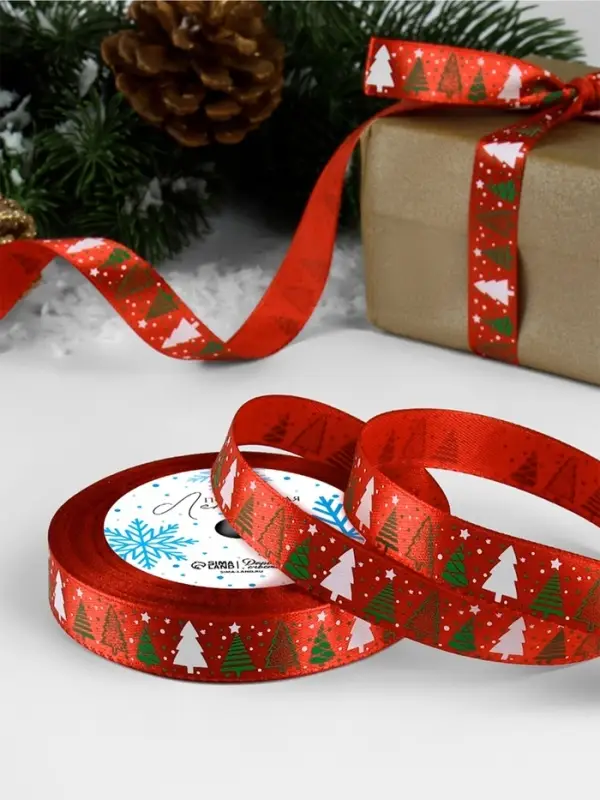 Лента атласная &laquo;Ёлки&raquo;, 15 мм, 23&plusmn;1 м, красная