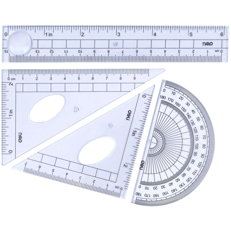 Набор чертежный Deli E9597 малый: лин 15см,угольн 10 и 7см,трансп 8см,прозр