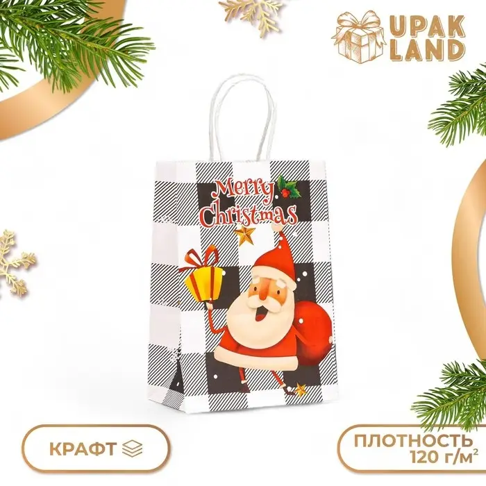 Пакет бумажный подарочный новогодний крафт «Дед Мороз с подарками» 15×21×8 см Пакет бумажный подарочный новогодний крафт «Дед Мороз с подарками» 15×21×8 см