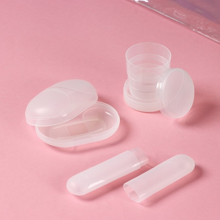 Набор дорожный Доляна, 3 предмета в косметичке, футляр для зубной щётки, мыльница, стакан складной, прозрачный Набор дорожный Доляна, 3 предмета в косметичке, футляр для зубной щётки, мыльница, стакан складной, прозрачный