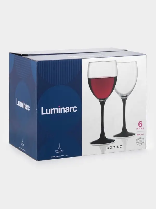 Бокалы для вина Luminarc Domino, 350 мл, размер одного бокала 7.5&times;20.5 см, набор 6 шт., стекло, прозрачные, чёрная ножка