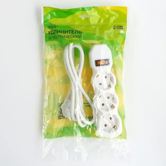 Удлинитель сетевой Luazon Lighting ECO, 3 розетки, 1.5 м, 16 А, 3500 Вт, заземление, выключатель, белый
