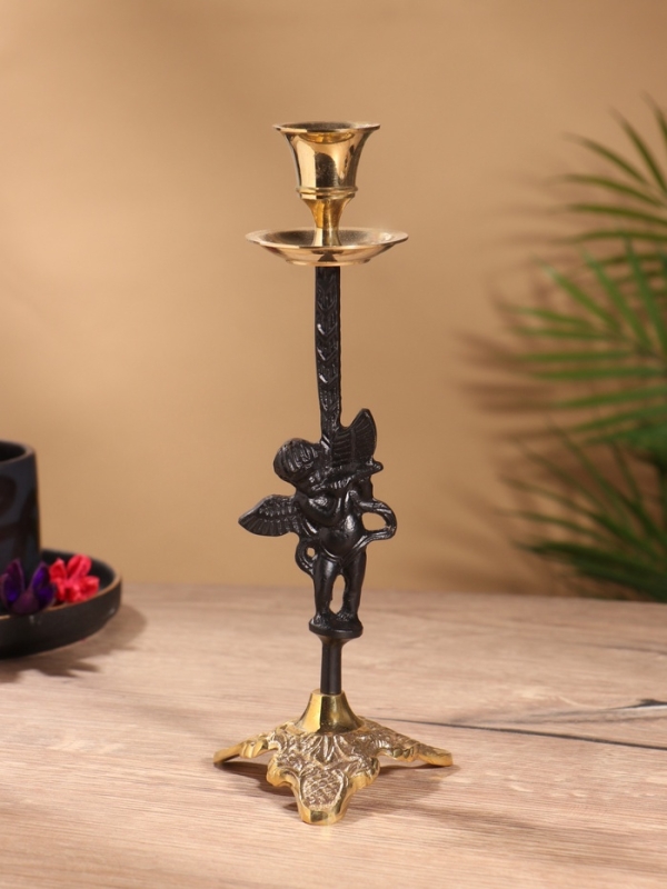 Подсвечник на 1 свечу, латунь, черный с золотом 8,5х8,5х23,5 см