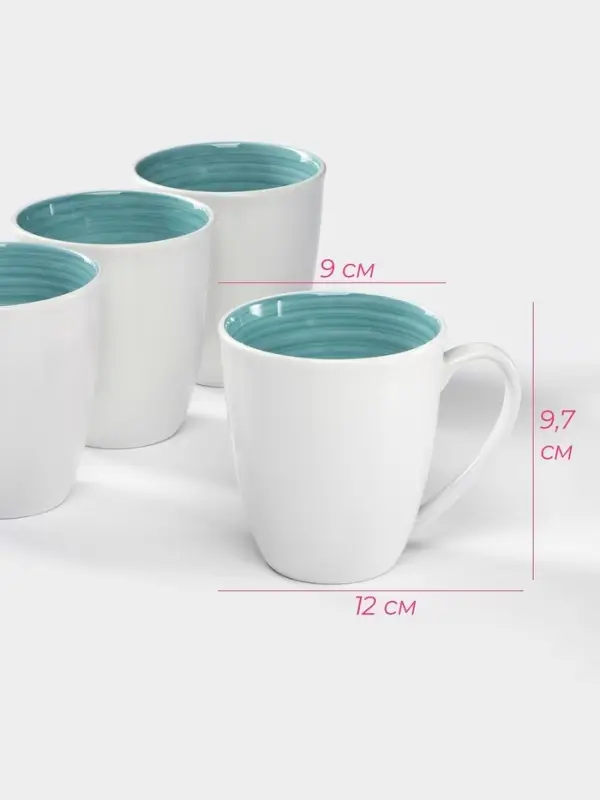Кружки Доляна &laquo;Палитра&raquo;, 350 мл, 4 шт., фарфор, белые, бирюзовые