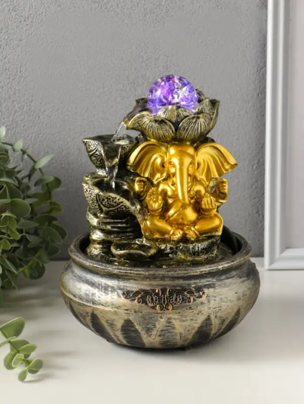 Фонтан настольный от сети, подсветка "Ганеша у цветущим лотосом" 16х16х23 см