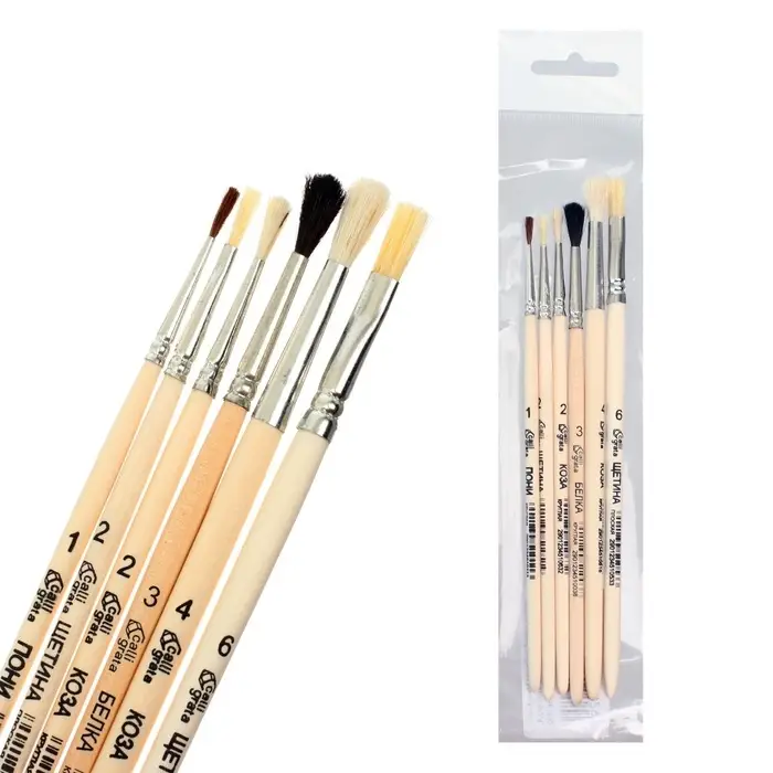Набор кистей для рисования, пони, белка, коза, щетина, 6 штук: № 1, 2, 2, 3, 4, 6, Calligrata, круглые, плоские, ЭКОНОМ
