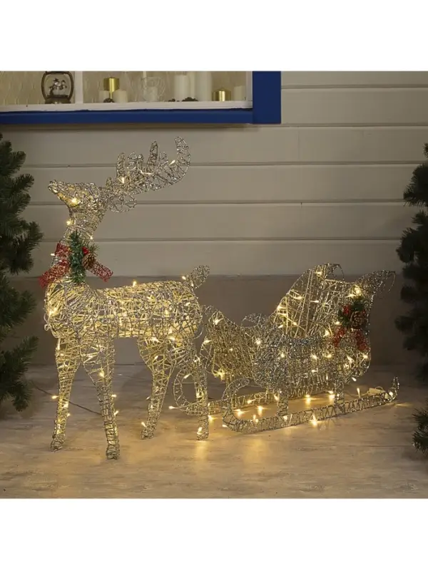 Светодиодная фигура &laquo;Олень с санями серебристый&raquo;, олень: 50&times;85&times;18 см, сани: 70&times;43&times;22 см, металл, 220 В, свечение тёплое белое
