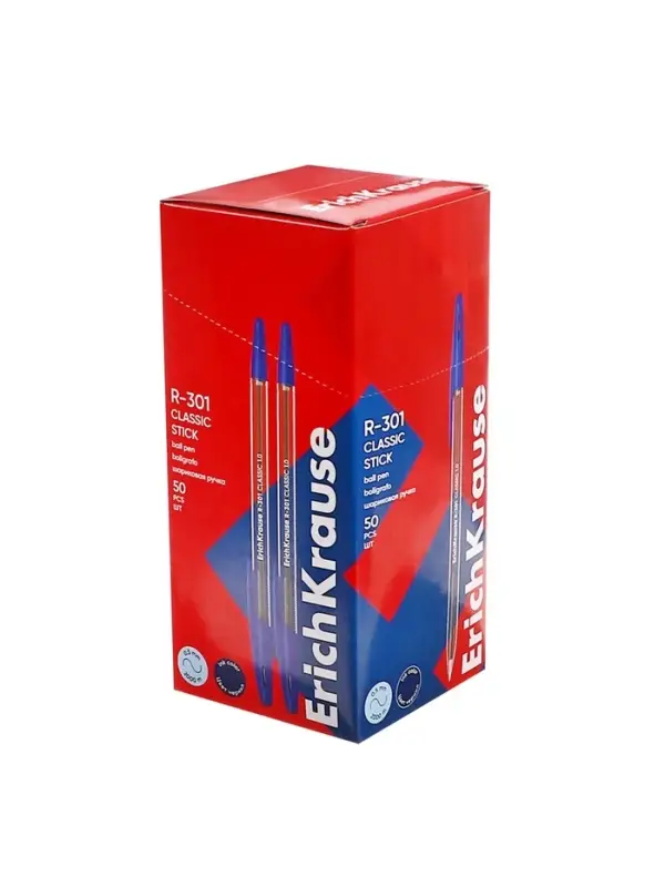 Ручка шариковая ErichKrause R-301 Classic Stick, узел 1.0 мм, чернила синие, длина линии письма 2000 метров, штрихкод на ручке