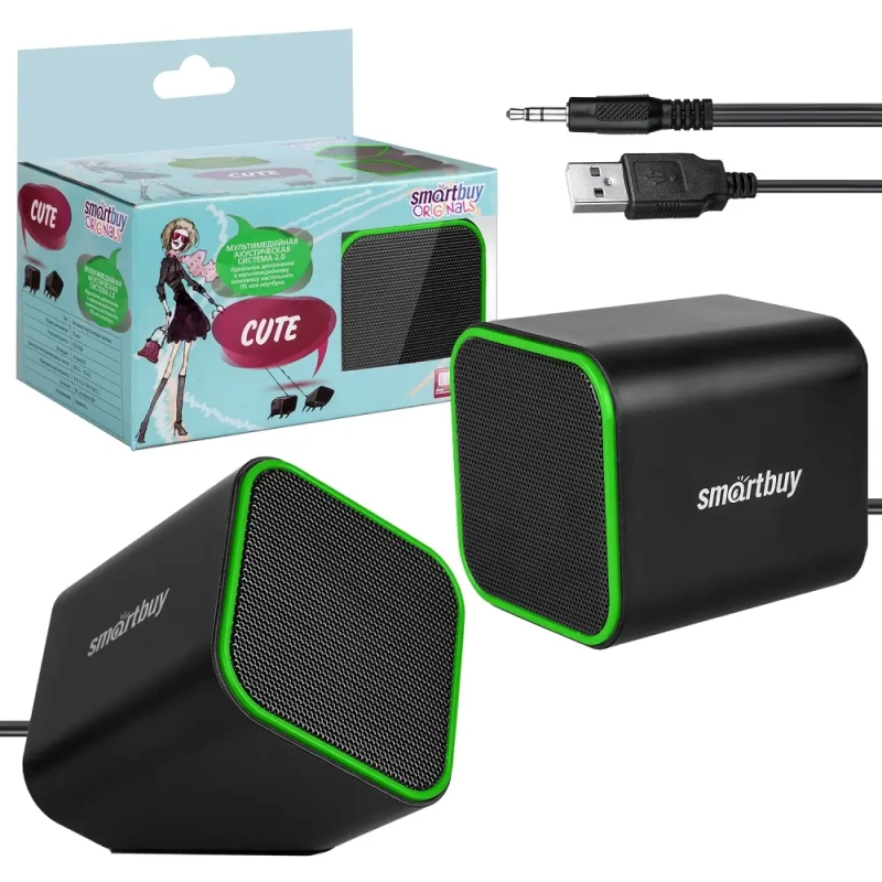 Колонки для компьютера SmartBuy&reg; CUTE, мощность 6Вт, USB, черно-зеленые