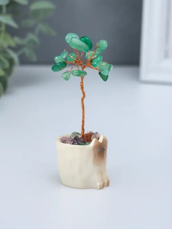 Сувенир "Котик-горшок и зелёное дерево" 12 камней 3,3х3,4х8,8 см