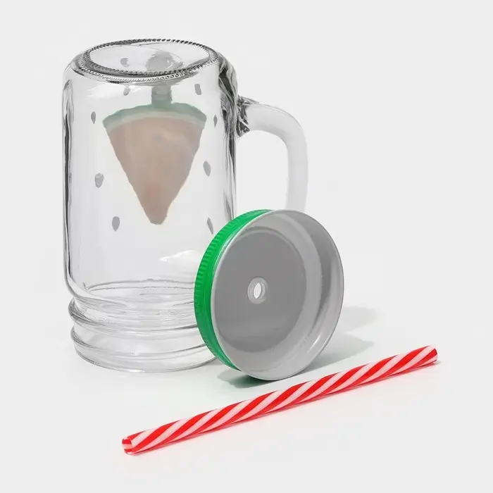 Кружка стеклянная с крышкой и трубочкой Доляна «Фреш», 450 мл, 11×7×13 см, рисунок МИКС Кружка стеклянная с крышкой и трубочкой Доляна «Фреш», 450 мл, 11×7×13 см, рисунок МИКС