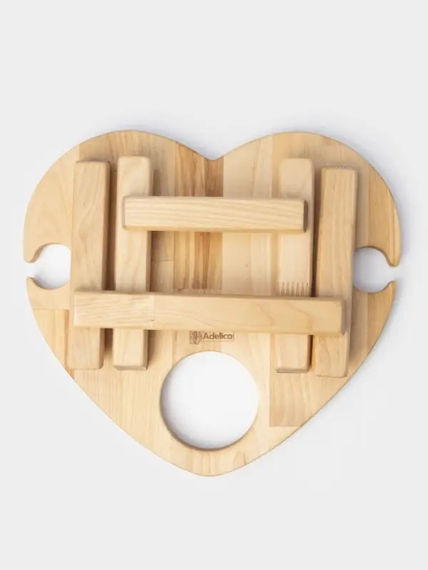 Столик - поднос для вина в форме сердца Adelica, с менажницей и складными ножками, на 2 персоны, d=30&times;1.8 см, дерево берёза