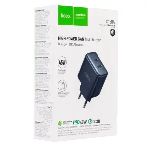 Переходник сетевого зярядного утсройства C158A HOCO на Type-C PD45W + USB QC3.0 черный