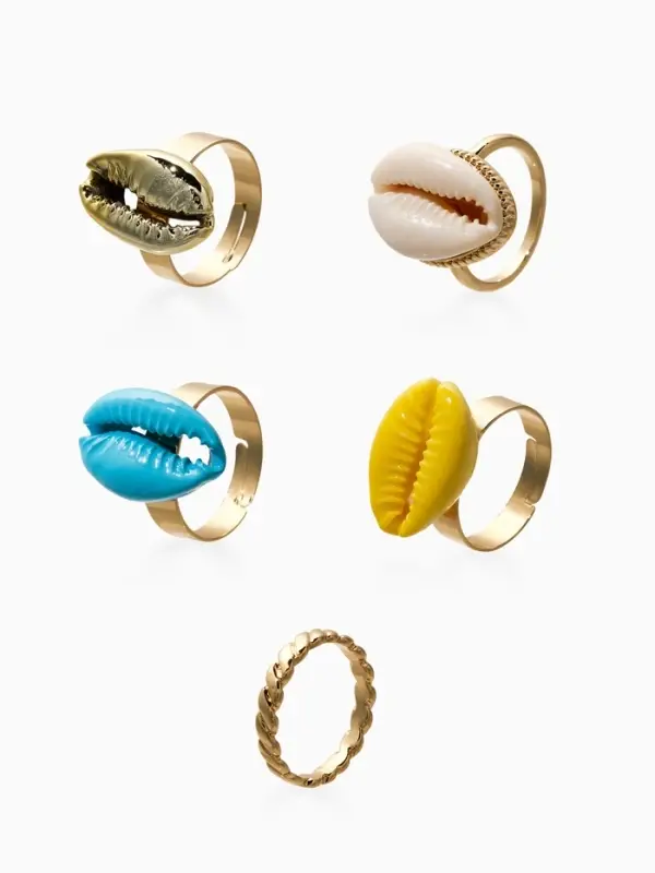 Набор колец 5 шт "Новый стиль" ракушки, размер МИКС, цветные в золоте