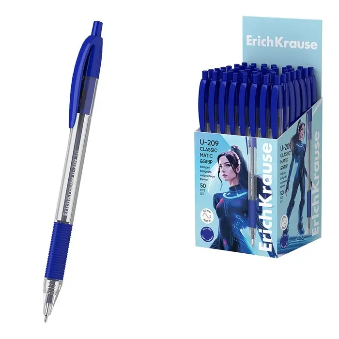 Ручка шариковая автоматическая ErichKrause U-209 Classic Matic&Grip, узел 1.0 мм, чернила синие, резиновый держатель, супермягкое письмо Ручка шариковая автоматическая ErichKrause U-209 Classic Matic&Grip, узел 1.0 мм, чернила синие, резиновый держатель, супермягкое письмо