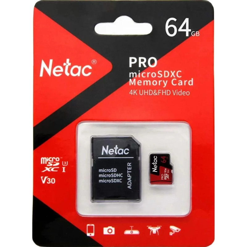 Карта памяти Netac MicroSD card P500 Extreme Pro 64GB, retail version w/SD