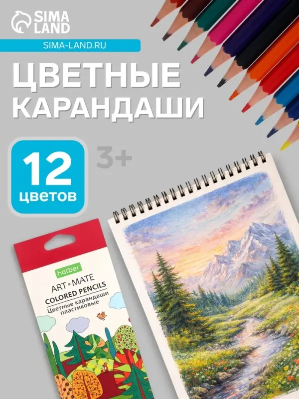 Карандаши цветные 12 цветов Hatber Mate пластиковые, с европодвесом