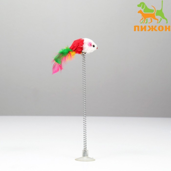 Дразнилка  Дразнилка "Мышь на присоске", искусственный мех с цветными перьями,24 см, мышь красная/белая