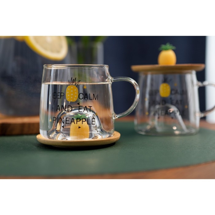 Кружка стеклянная с деревянной крышкой &laquo;Ананасик&raquo;, 300 мл