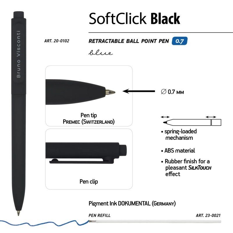 Ручка шариковая автомат. SoftClick.Black 0.7мм синяя 20-0102