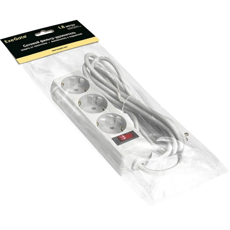 Сетевой фильтр ExeGate SP-3-1.8W 3/р1.8м, 10А/2,2кВт, белый(EX221178RUS)