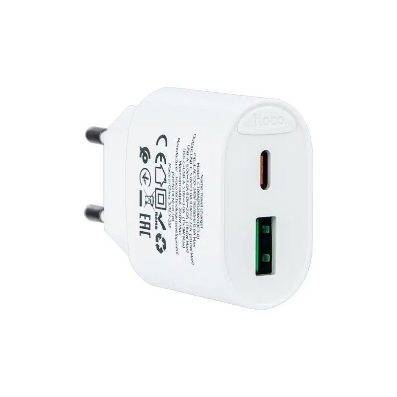 Переходник сетевого зарядного устройства на Type-C PD20W + USB QC3.0  C109A HOCO белый