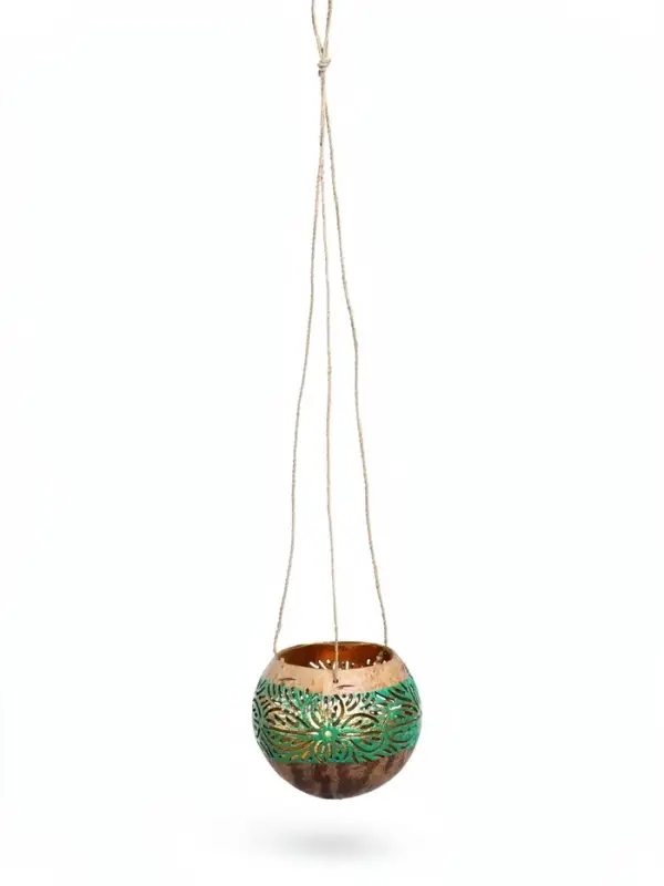 Подсвечник подвесной из кокоса, 9-12 см, зелёно-золотой