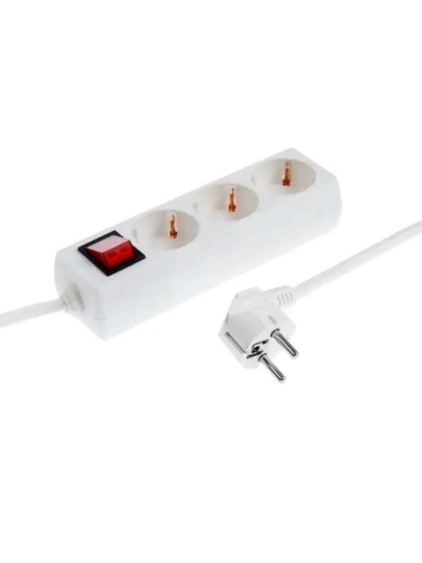 Удлинитель Luazon Lighting, 3 розетки, 5 м, 10 А, 3500 Вт, 3&times;1.5 мм2, с заземлением, с выключателем, белый
