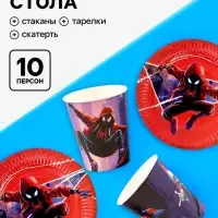 Посуда одноразовая бумажная на 10 персон: стаканы, тарелки, скатерть, &laquo;Супергерой&raquo;