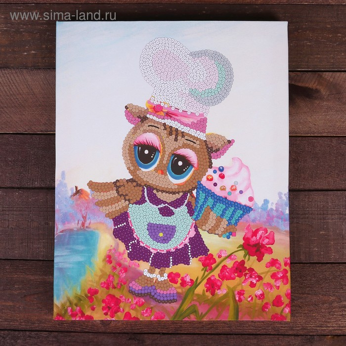 Мозаика из пайеток на холсте «Поваренок совушка» Мозаика из пайеток на холсте «Поваренок совушка»