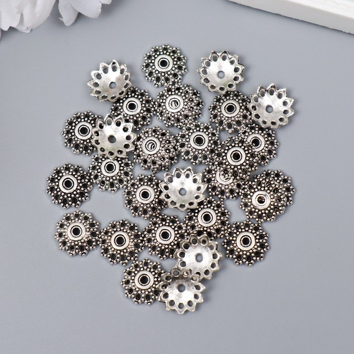 Декор шляпка для бусин металл Декор шляпка для бусин металл "Цветок из шариков" серебро G040B599 набор 30 шт 1,2х1,2 см