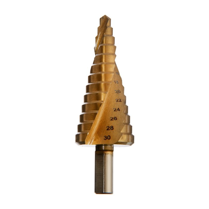 Сверло ступенчатое ТУНДРА ПРОФИ, HSS, TiN, спиральный профиль, трехгран. хвостовик, 6-30 мм Сверло ступенчатое ТУНДРА ПРОФИ, HSS, TiN, спиральный профиль, трехгран. хвостовик, 6-30 мм