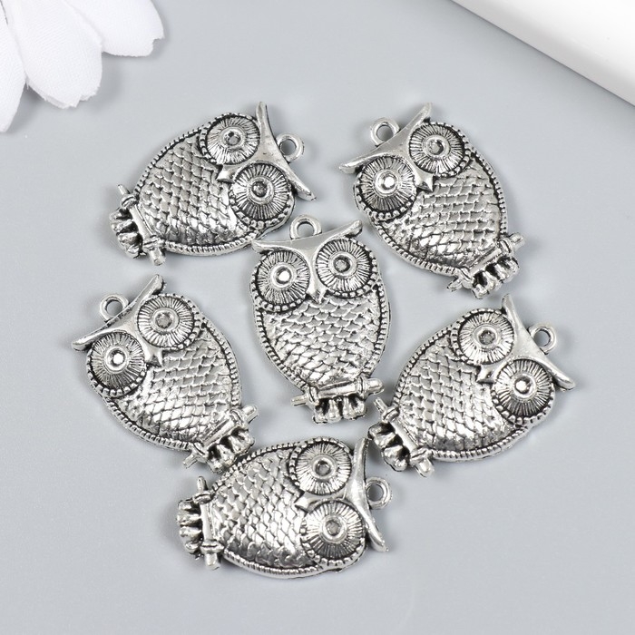 Декор для творчества металл Декор для творчества металл "Филин на ветке" набор 6 шт серебро 1,8х2,9 см