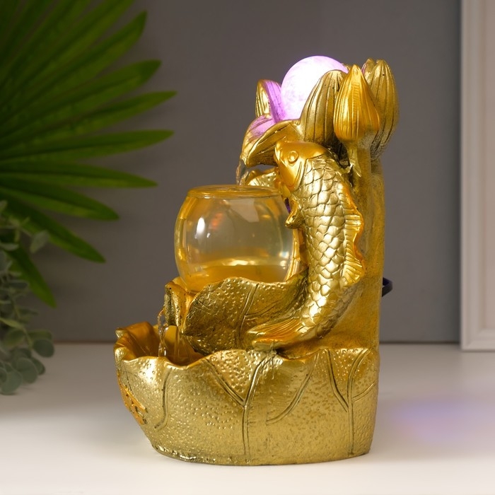 Фонтан настольный от сети, подсветка "Золотой карп и лотосы" золото 26х18х17 см