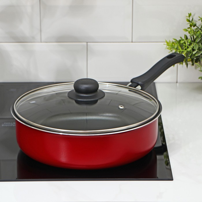 Сотейник &laquo;Эксперт&raquo;, 3,5 л, d=26 см, пластиковая ручка, стеклянная крышка, антипригарное покрытие, цвет бордовый