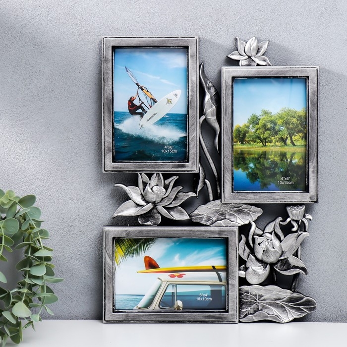 Фоторамка пластик на 3 фото 10х15 см  Фоторамка пластик на 3 фото 10х15 см "Лотосы" тёмное серебро 36х27 см