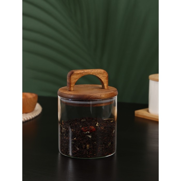 Банка стеклянная для хранения сыпучих продуктов «Вуд», 600 мл, 10×14 см, с деревянной крышкой