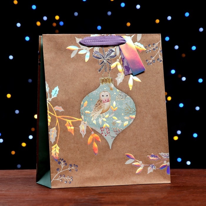 Новый год. Пакет бумажный подарочный новогодний крафт Новый год. Пакет бумажный подарочный новогодний крафт "Сова" 26 х 32 х 12 см.