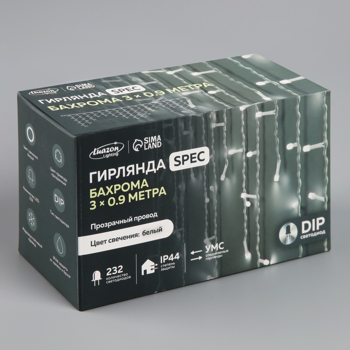 Гирлянда «Бахрома» 3 × 0.9 м, IP44, УМС, прозрачная нить, 232 LED, свечение белое, 220 В