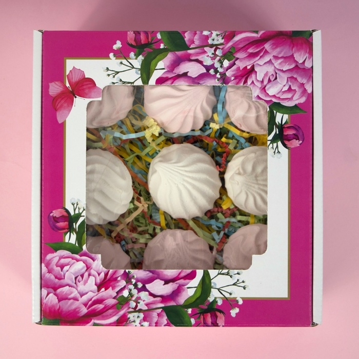 Коробка самосборная, с окном, Коробка самосборная, с окном, "Весенние пионы", 19 х 19 х 9 см