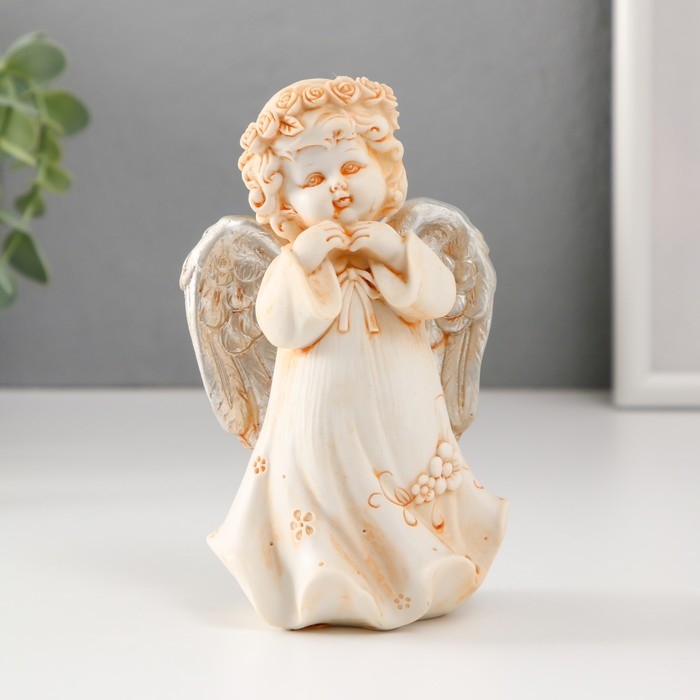Сувенир полистоун  Сувенир полистоун "Ангел в цветочном платье и венке с серебристыми крыльями" МИКС 14,5 см
