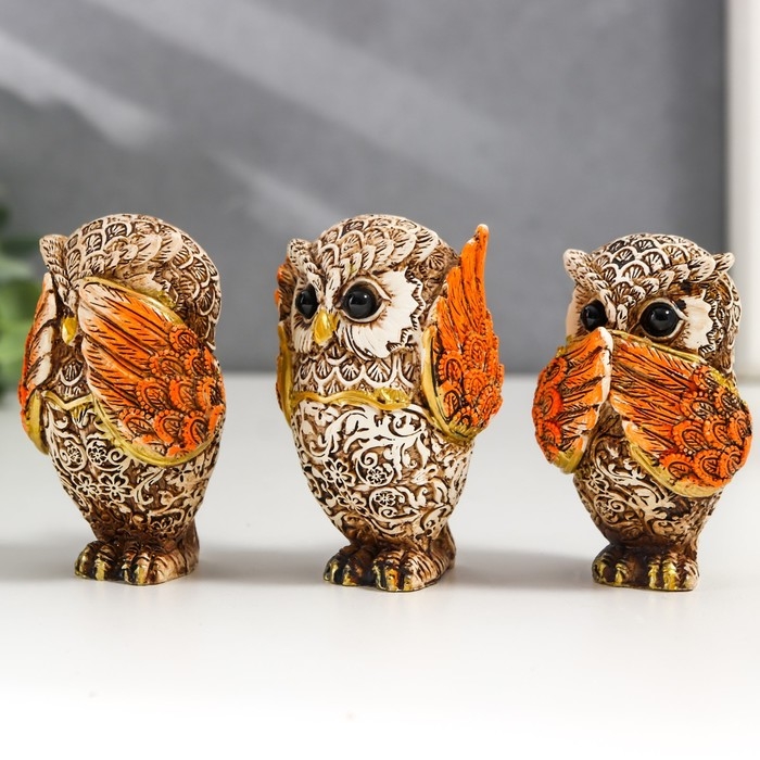 Сувенир полистоун Сувенир полистоун "Филин - не вижу, не слышу, не скажу" беж с золотом МИКС 7х4,5х3,5 см