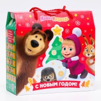 Новый год. Подарочная коробка новогодняя Маша и Медведь МУЛЬТФИЛЬМ ПО QR-КОДУ! 23 х 10 х 22 см.