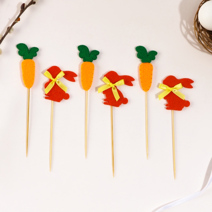 Топпер &laquo;Заяц&raquo;, с цветочком и морковкой, набор 6 шт.