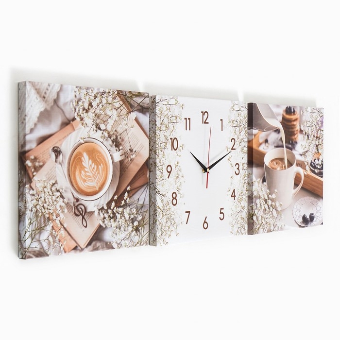 Часы-картина настенные, модульные  Часы-картина настенные, модульные "Кофе", бесшумные, 35 х 110 см, триптих