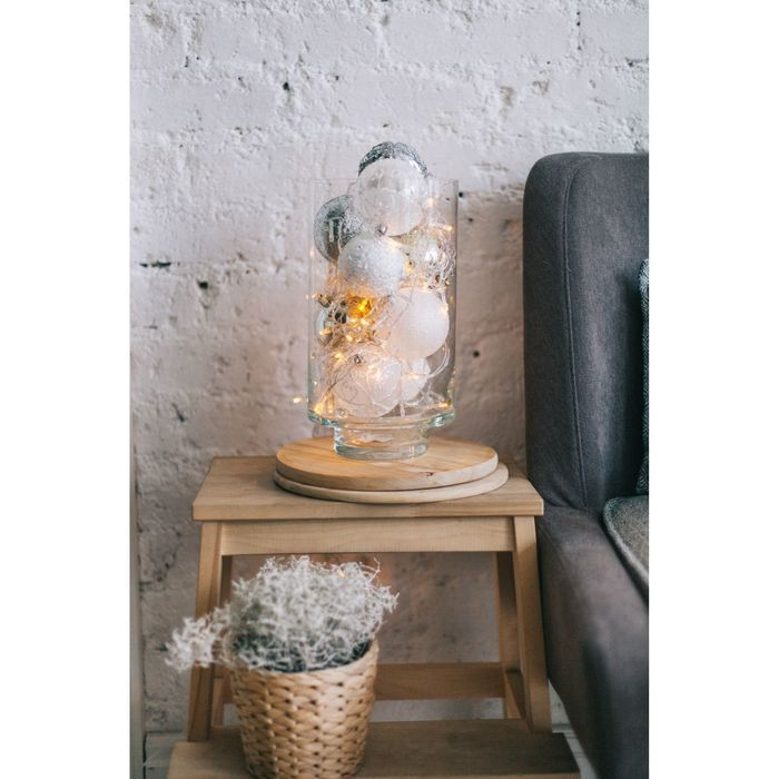 Набор шаров пластик с бусами и мишурой 12 шт Набор шаров пластик с бусами и мишурой 12 шт "Сияние" серебро