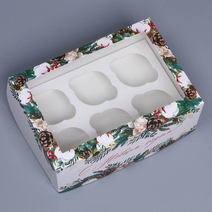 Коробка складная на 6 капкейков с окном «Веточки», 25 х 17 х 10 см, Новый год Коробка складная на 6 капкейков с окном «Веточки», 25 х 17 х 10 см, Новый год