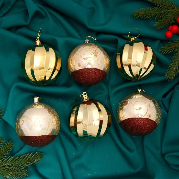 Набор шаров пластик d-8 см, 6 шт Набор шаров пластик d-8 см, 6 шт "Гелиан полосы" золотисто-коричневый